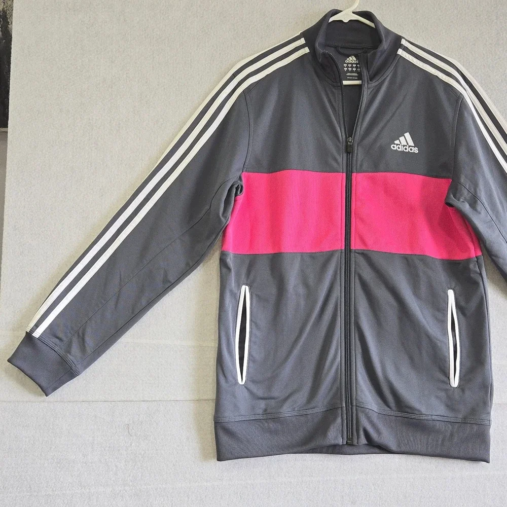 Adidas Track Jacket women Medium Grey Pink Stripe Full Zip 3-Stripe B#294